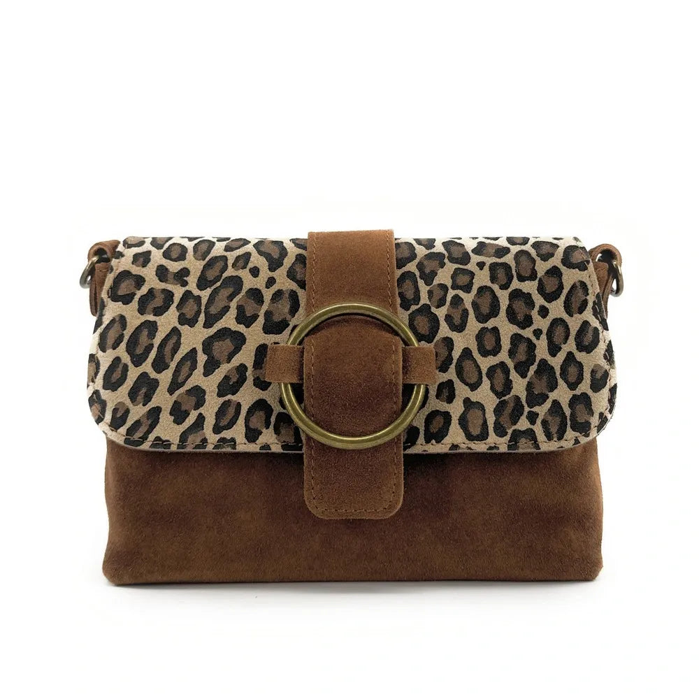 Sac à main en croûte de cuir imprimé léopard VERONE SUEDE LEO Camel