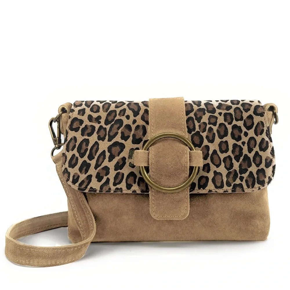 Sac à main en croûte de cuir imprimé léopard VERONE SUEDE LEO Taupe