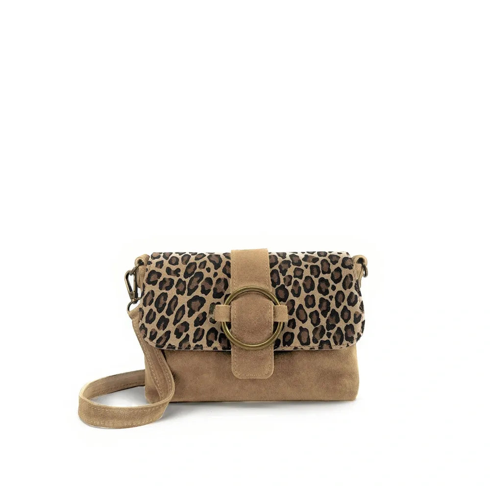 Sac à main en croûte de cuir imprimé léopard VERONE SUEDE LEO Taupe