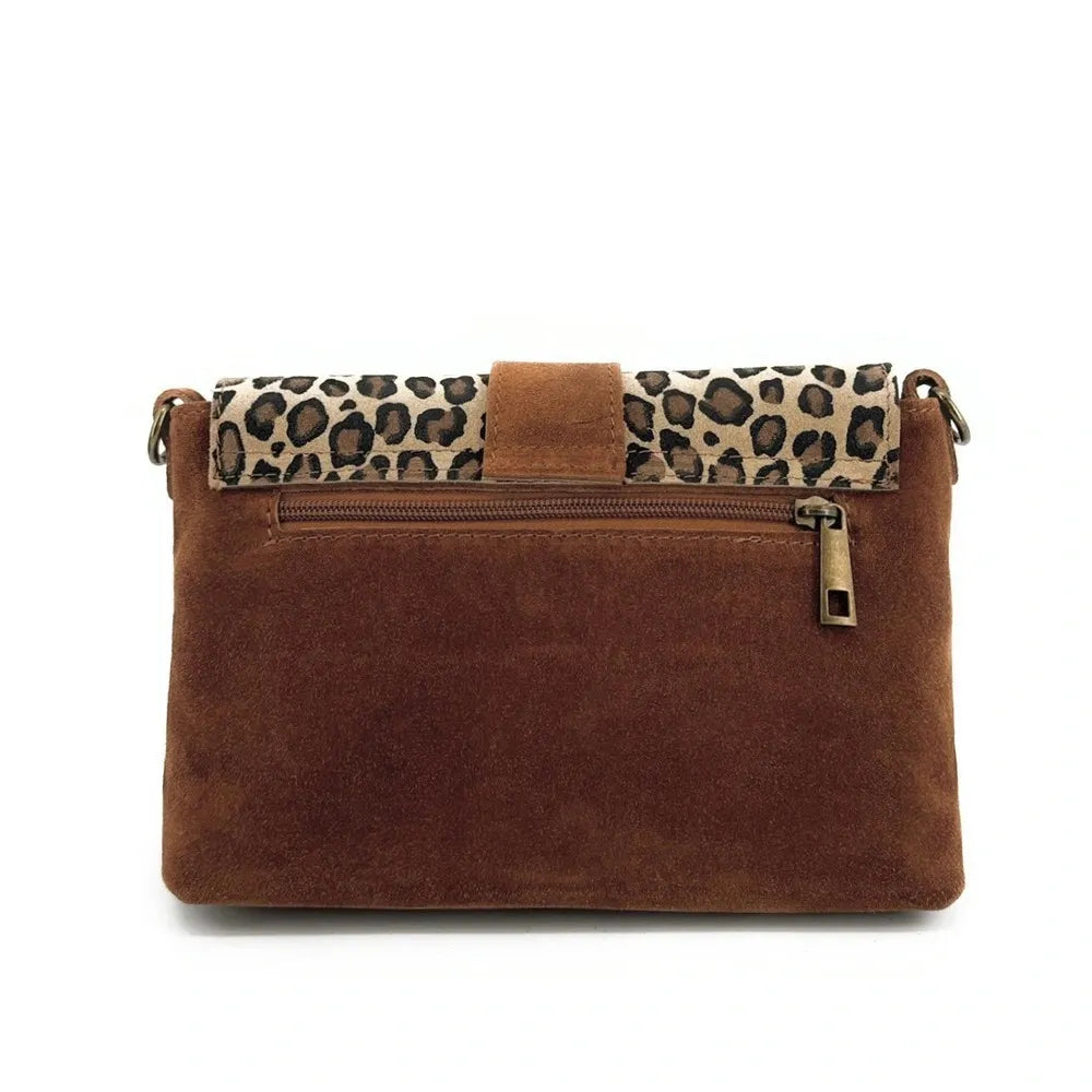 Sac à main en croûte de cuir imprimé léopard VERONE SUEDE LEO Camel