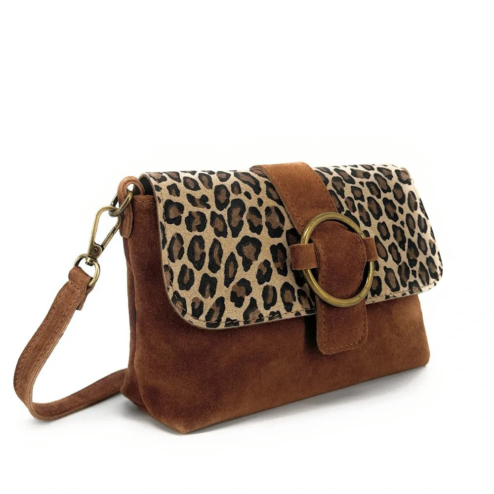 Sac à main en croûte de cuir imprimé léopard VERONE SUEDE LEO Camel