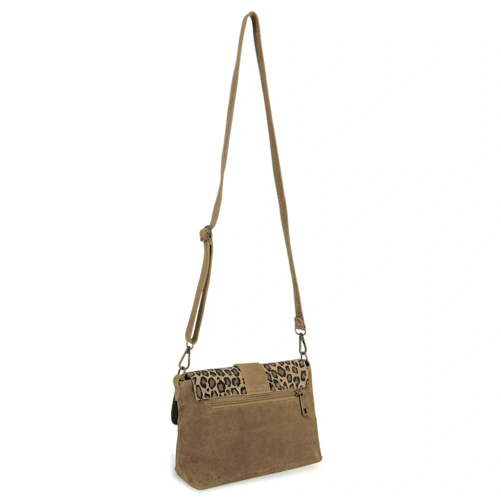 Sac à main en croûte de cuir imprimé léopard VERONE SUEDE LEO Taupe