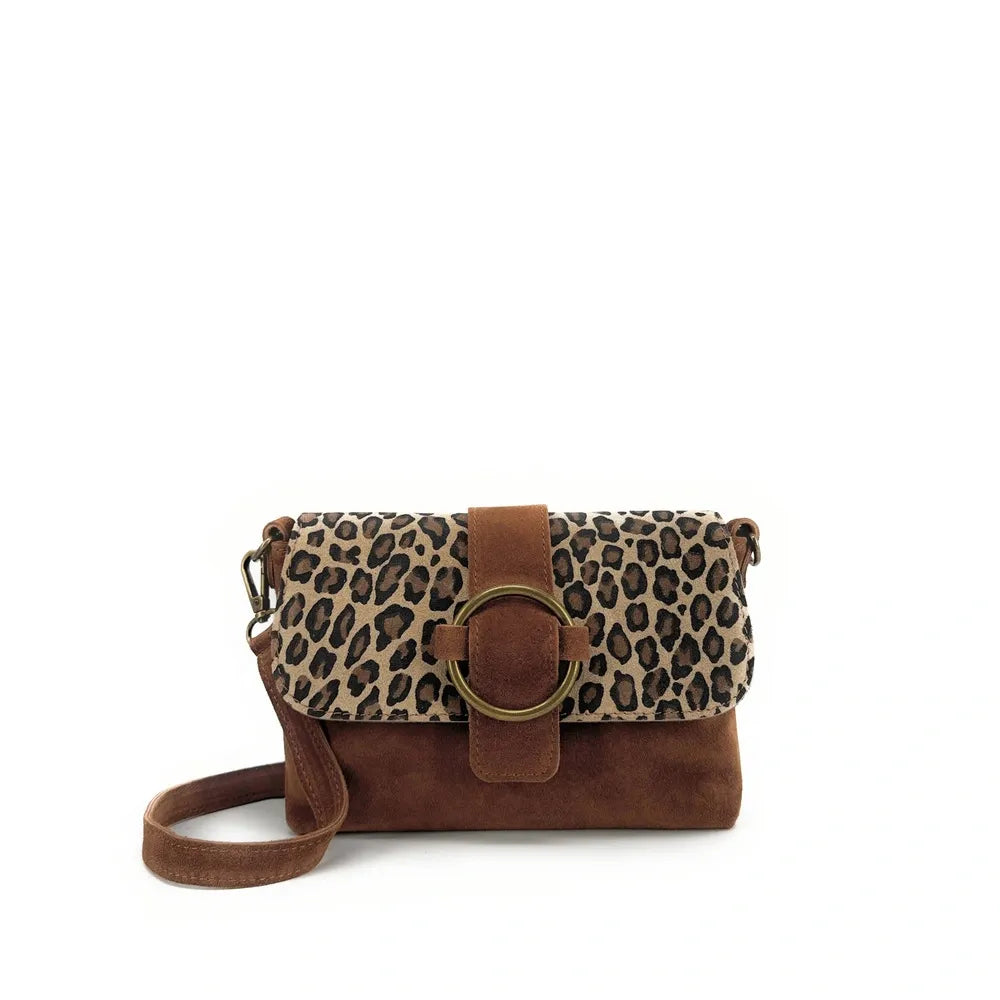 Sac à main en croûte de cuir imprimé léopard VERONE SUEDE LEO Camel