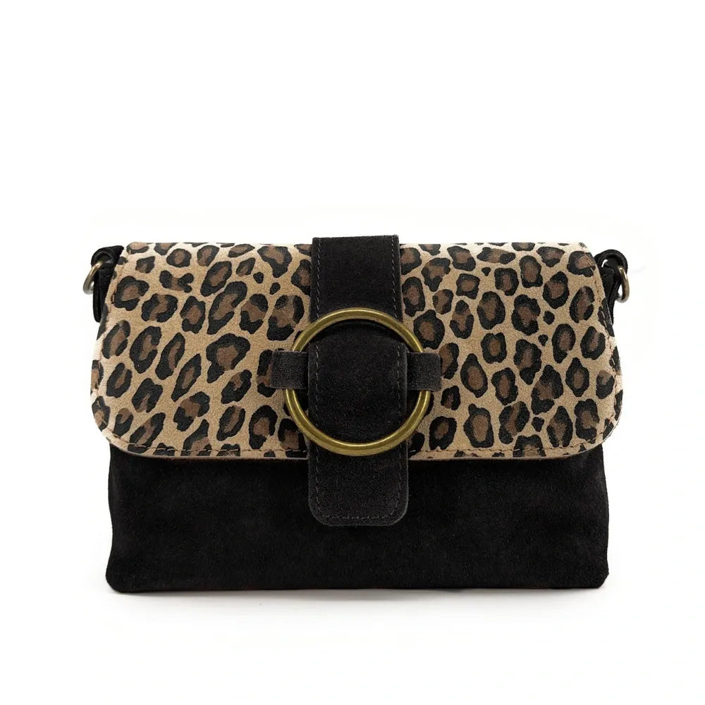 Sac à main en croûte de cuir imprimé léopard VERONE SUEDE LEO Noir