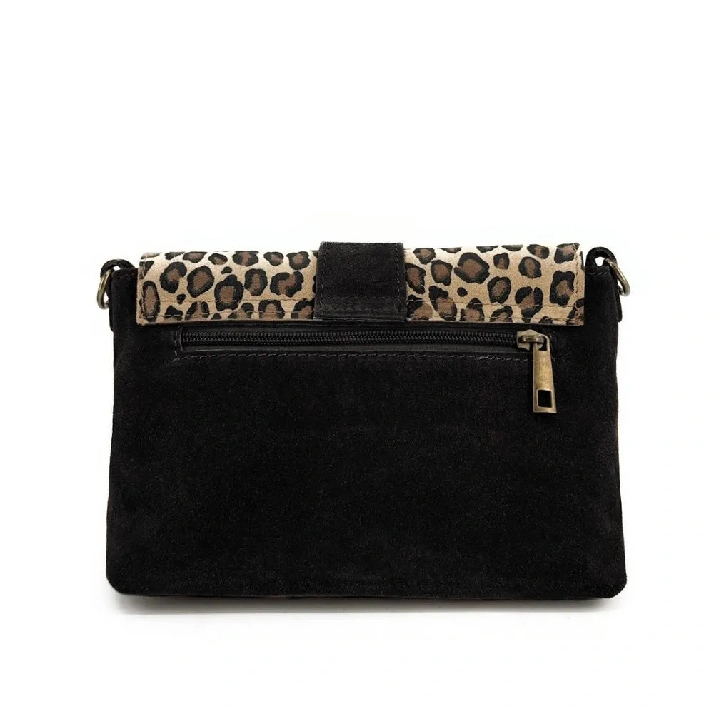 Sac à main en croûte de cuir imprimé léopard VERONE SUEDE LEO Noir
