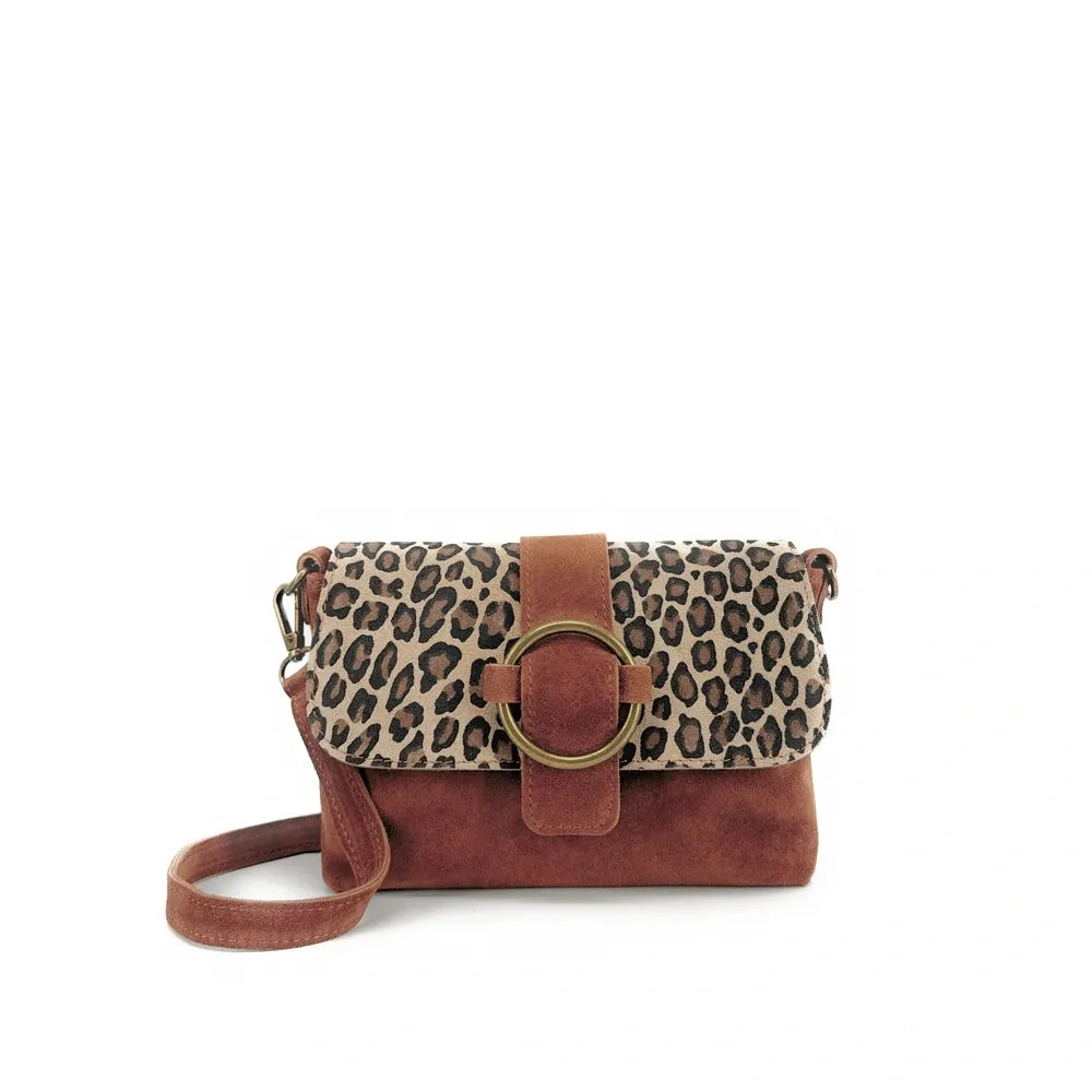 Sac à main en croûte de cuir imprimé léopard VERONE SUEDE LEO Rouge brique