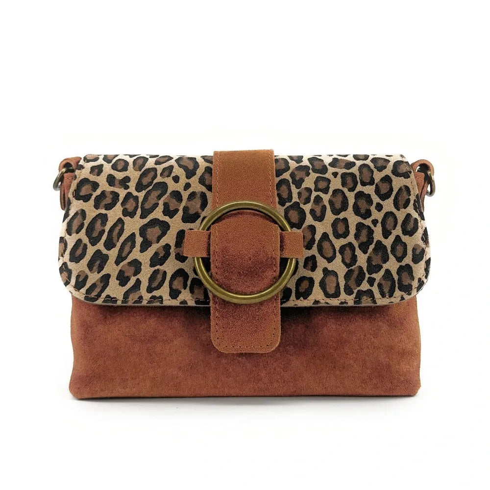 Sac à main en croûte de cuir imprimé léopard VERONE SUEDE LEO Rouge brique