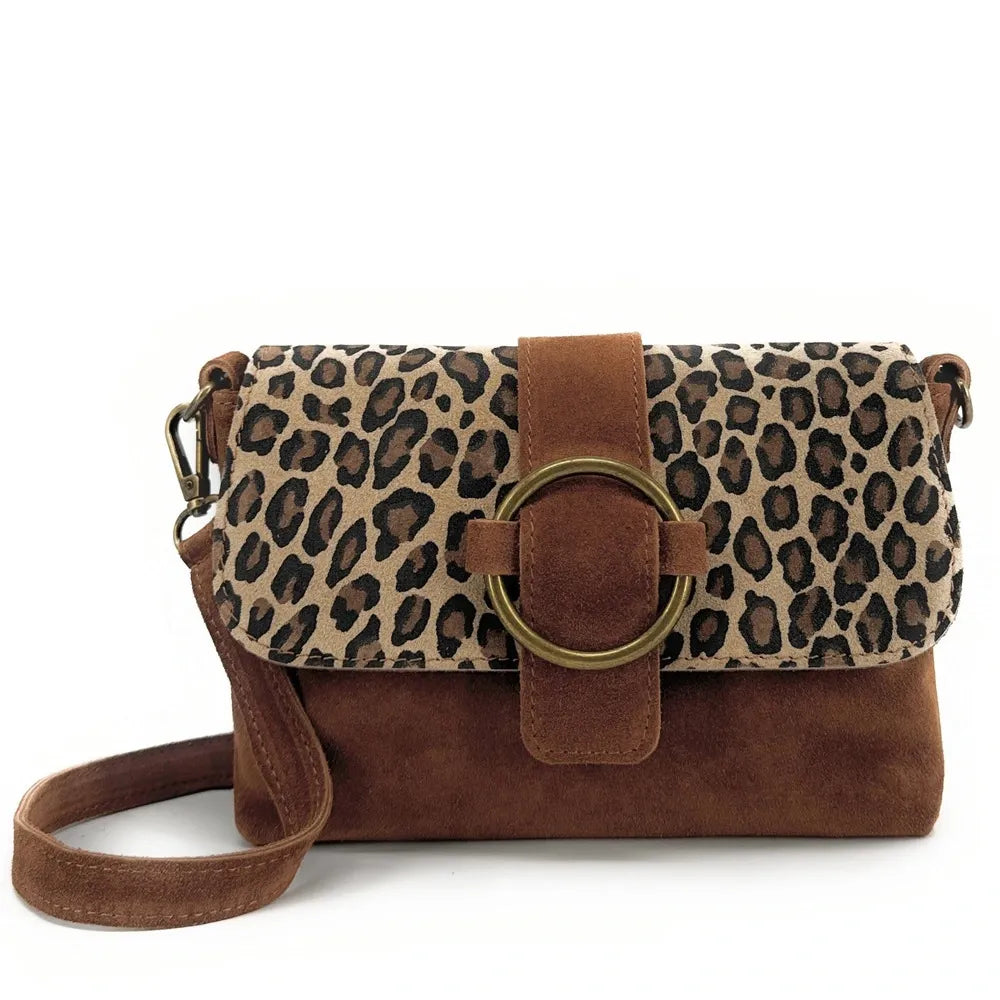 Sac à main en croûte de cuir imprimé léopard VERONE SUEDE LEO Camel