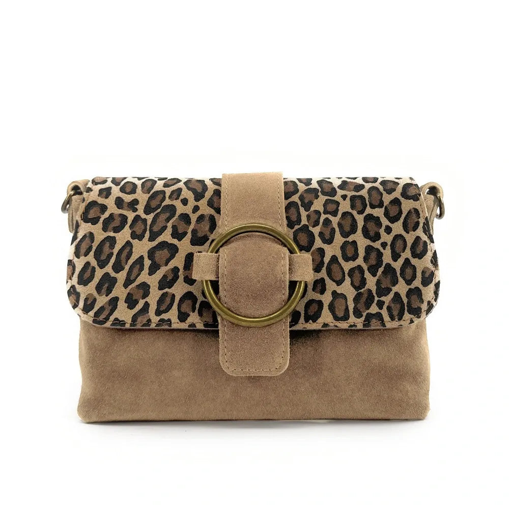 Sac à main en croûte de cuir imprimé léopard VERONE SUEDE LEO Taupe