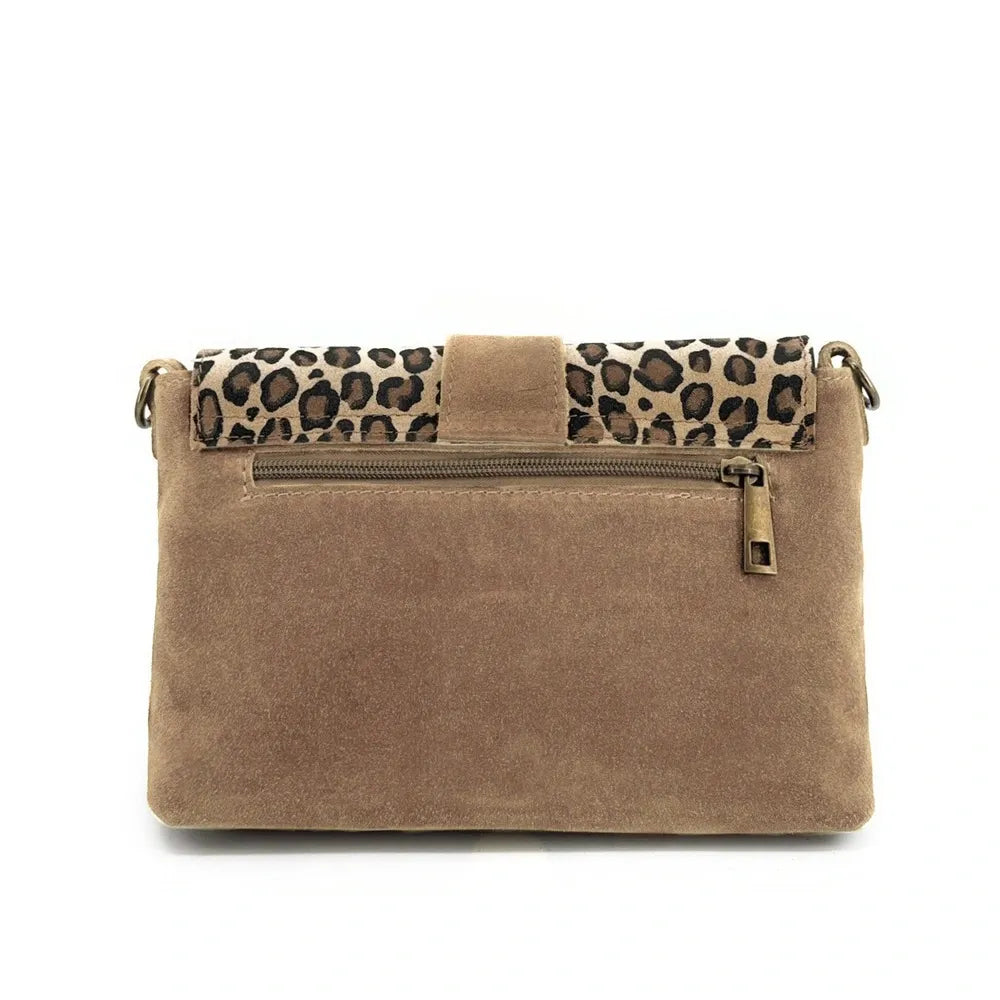 Sac à main en croûte de cuir imprimé léopard VERONE SUEDE LEO Taupe