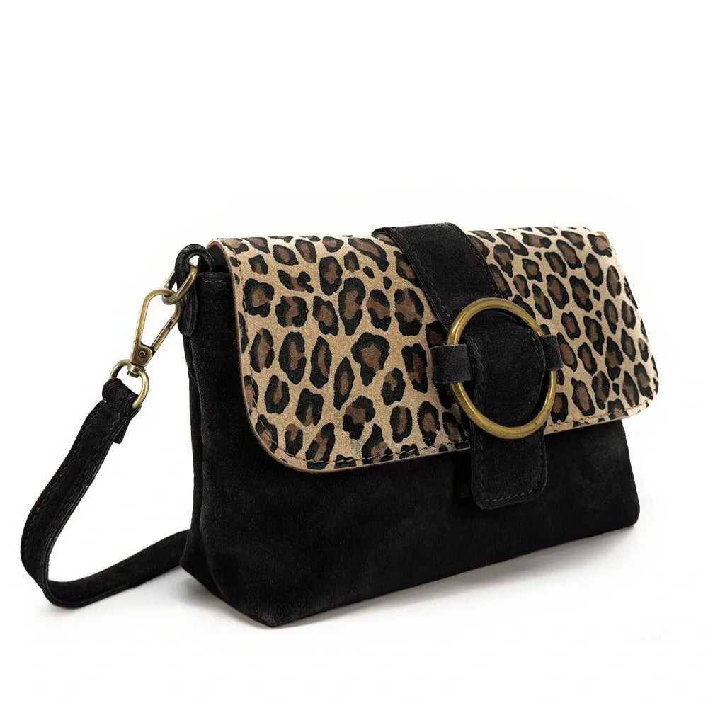 Sac à main en croûte de cuir imprimé léopard VERONE SUEDE LEO Noir