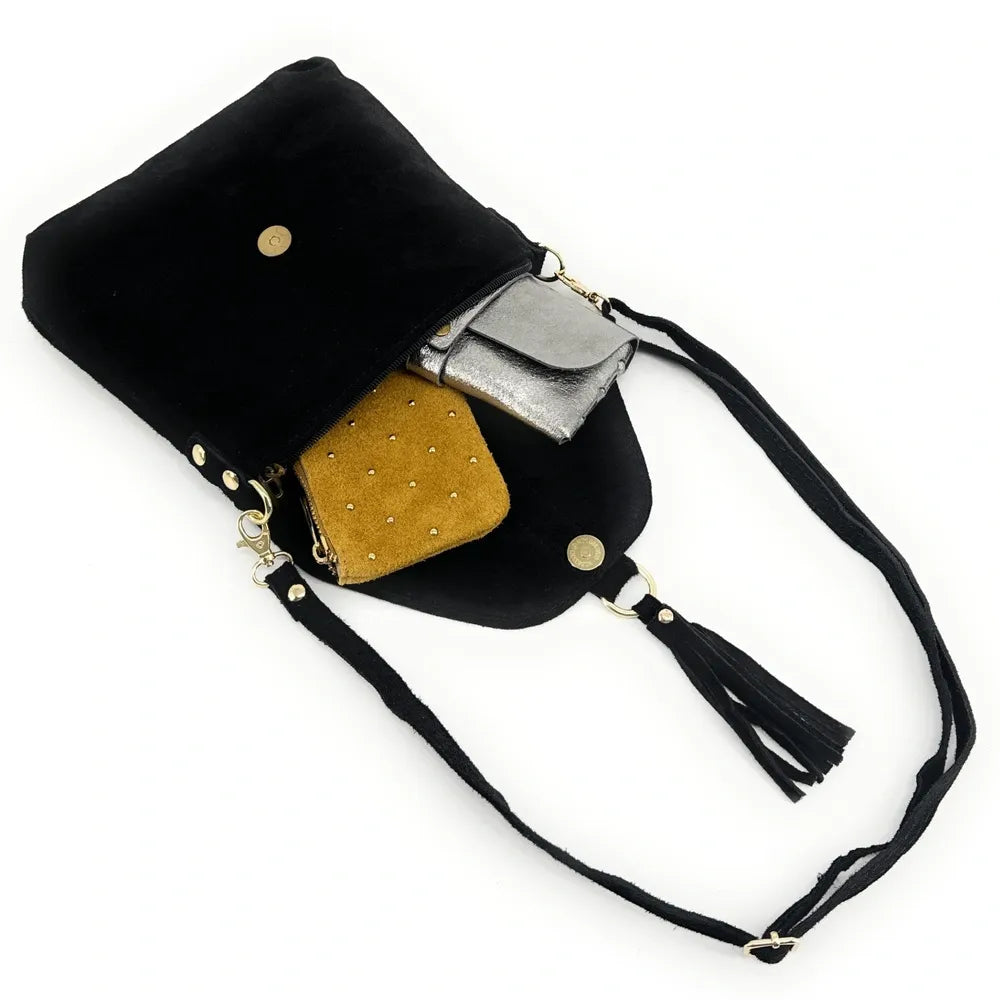 Sac besace en croûte de cuir KIONA Noir