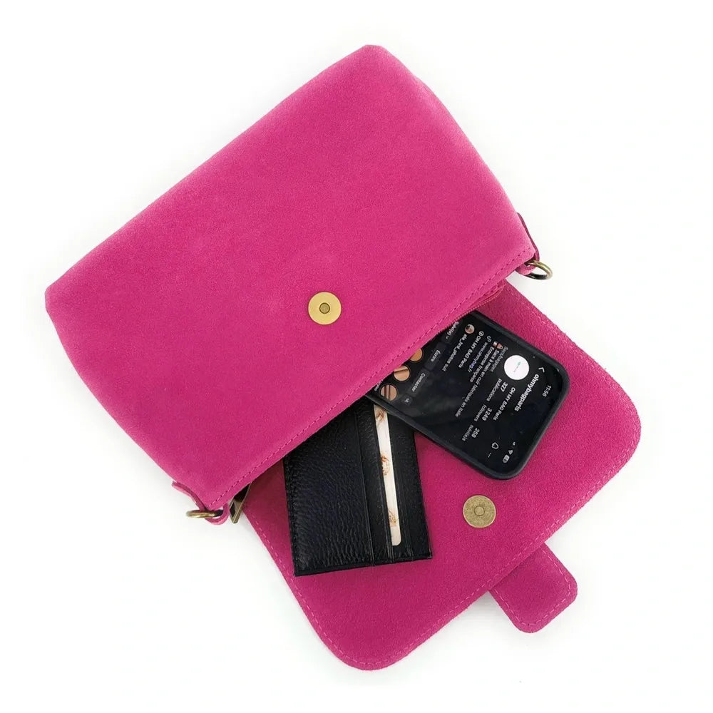 Sac à main en croûte de cuir VERONE SUEDE Rose fuchsia