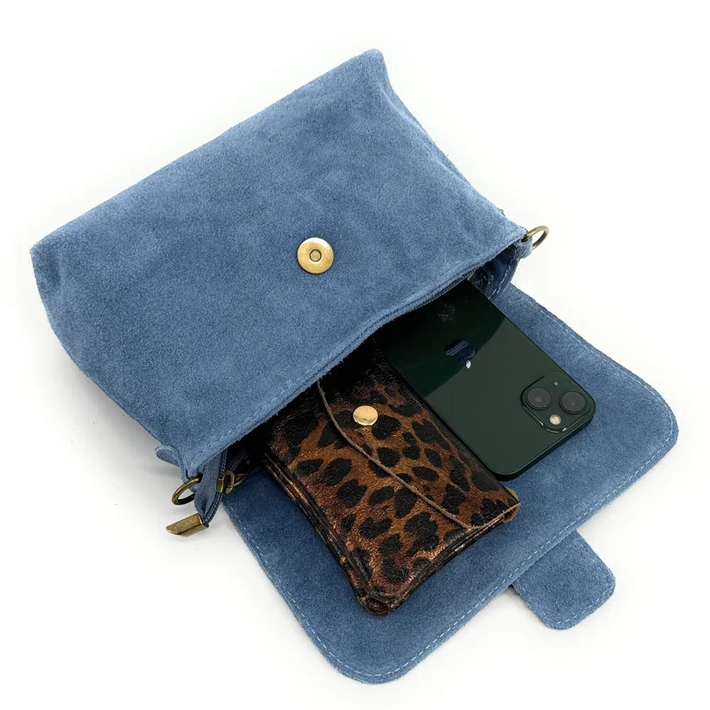 Sac à main en croûte de cuir VERONE SUEDE Bleu denim