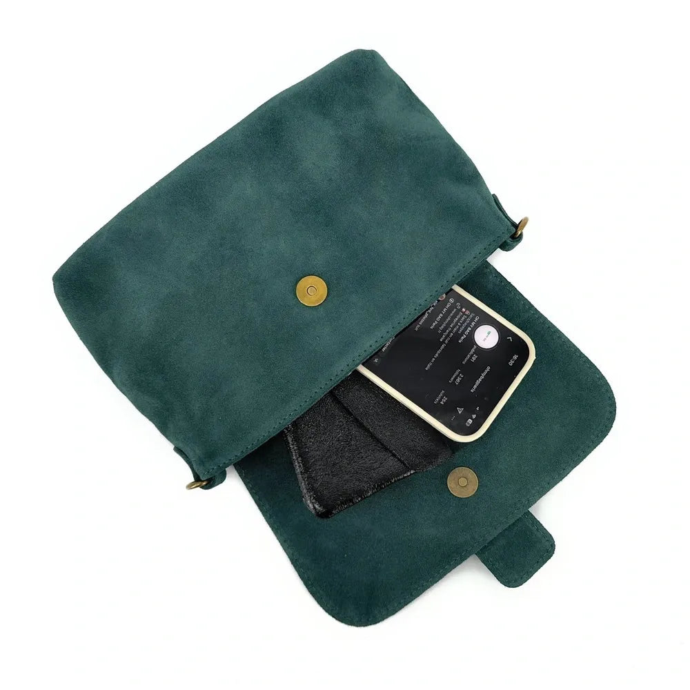 Sac à main en croûte de cuir VERONE SUEDE Bleu vert canard