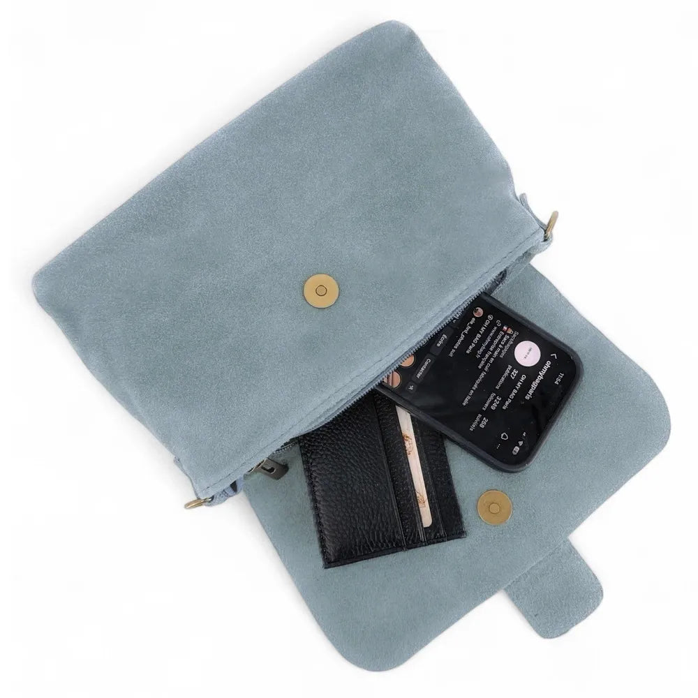 Sac à main en croûte de cuir VERONE SUEDE Bleu pastel