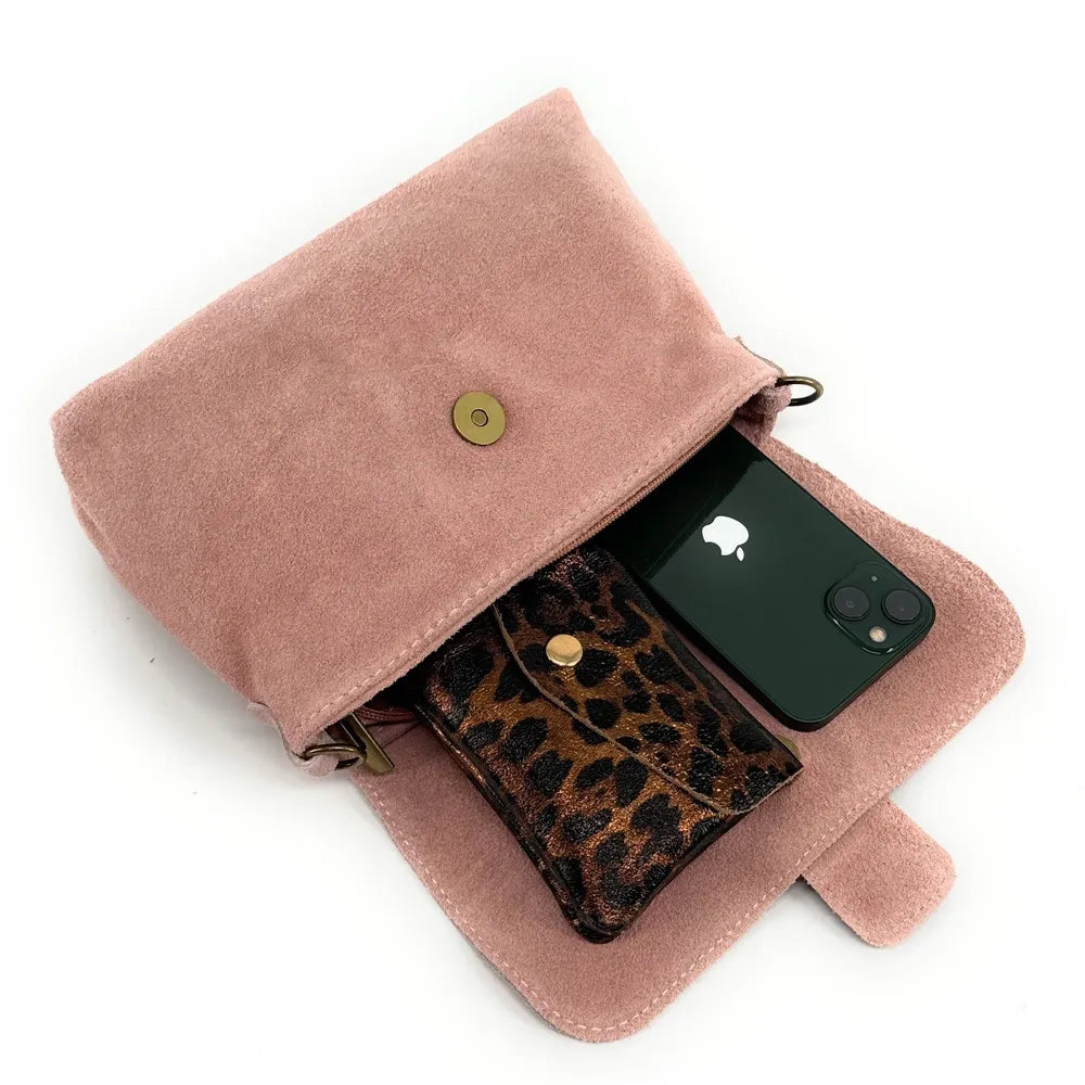Sac à main en croûte de cuir VERONE SUEDE Rose poudre