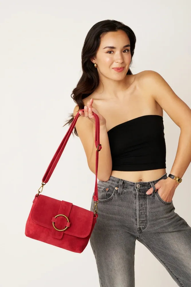 Sac à main en croûte de cuir VERONE SUEDE Rouge magenta