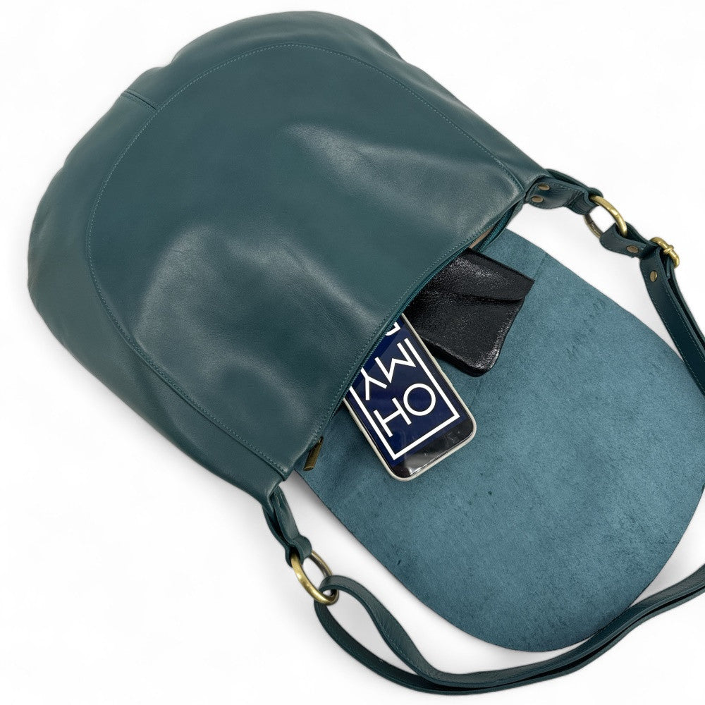 Sac besace en cuir lisse PERLA Bleu vert canard