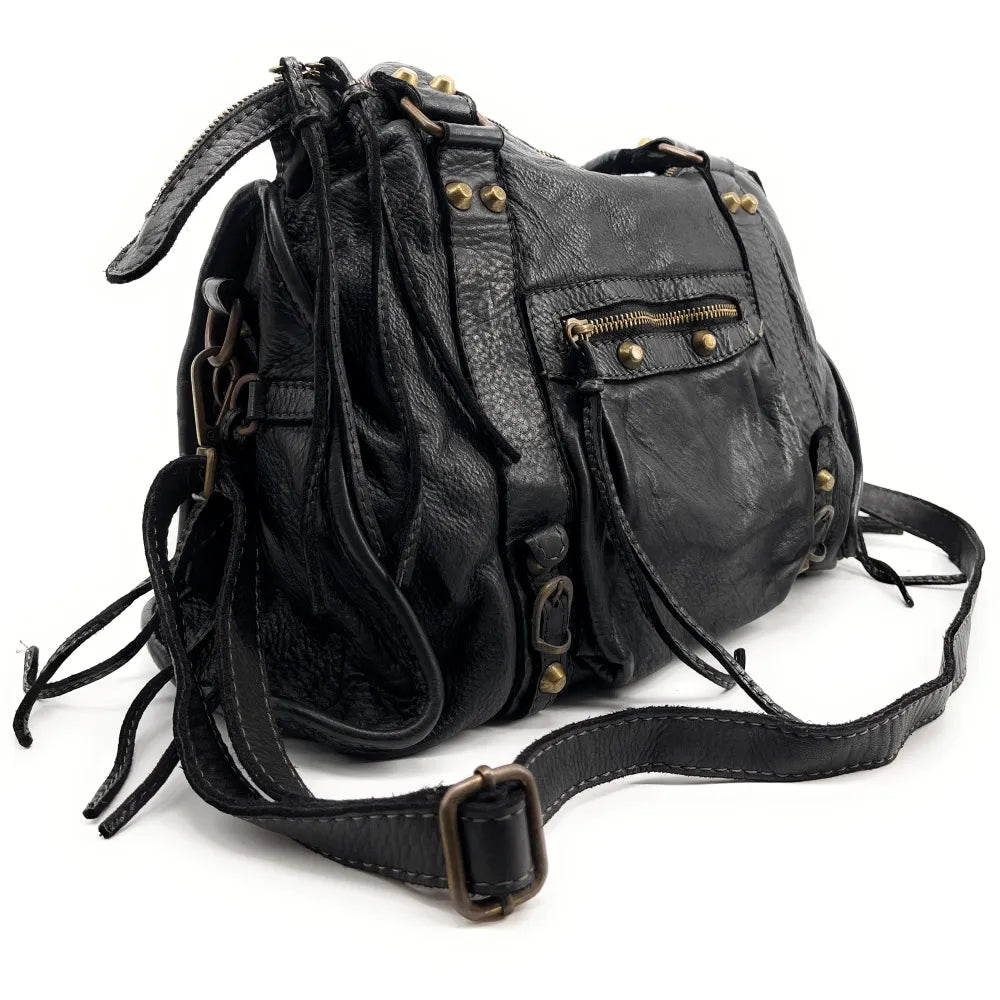 Sac à main en cuir souple vintage STORM ROCK Noir Back to black