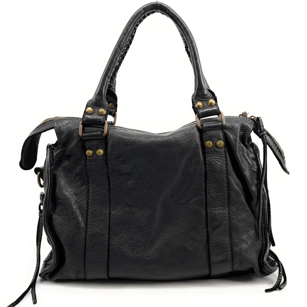 Sac à main en cuir souple vintage STORM ROCK Noir Back to black
