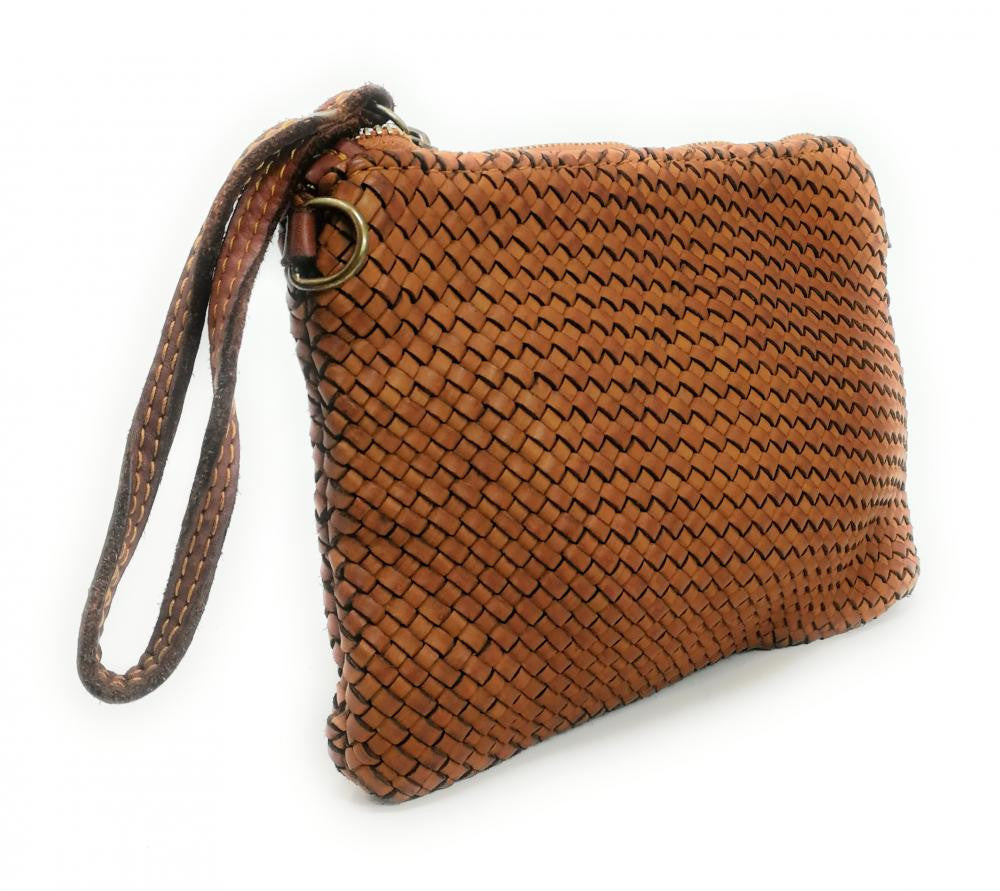 Sac pochette en cuir tressé ALMA Cognac