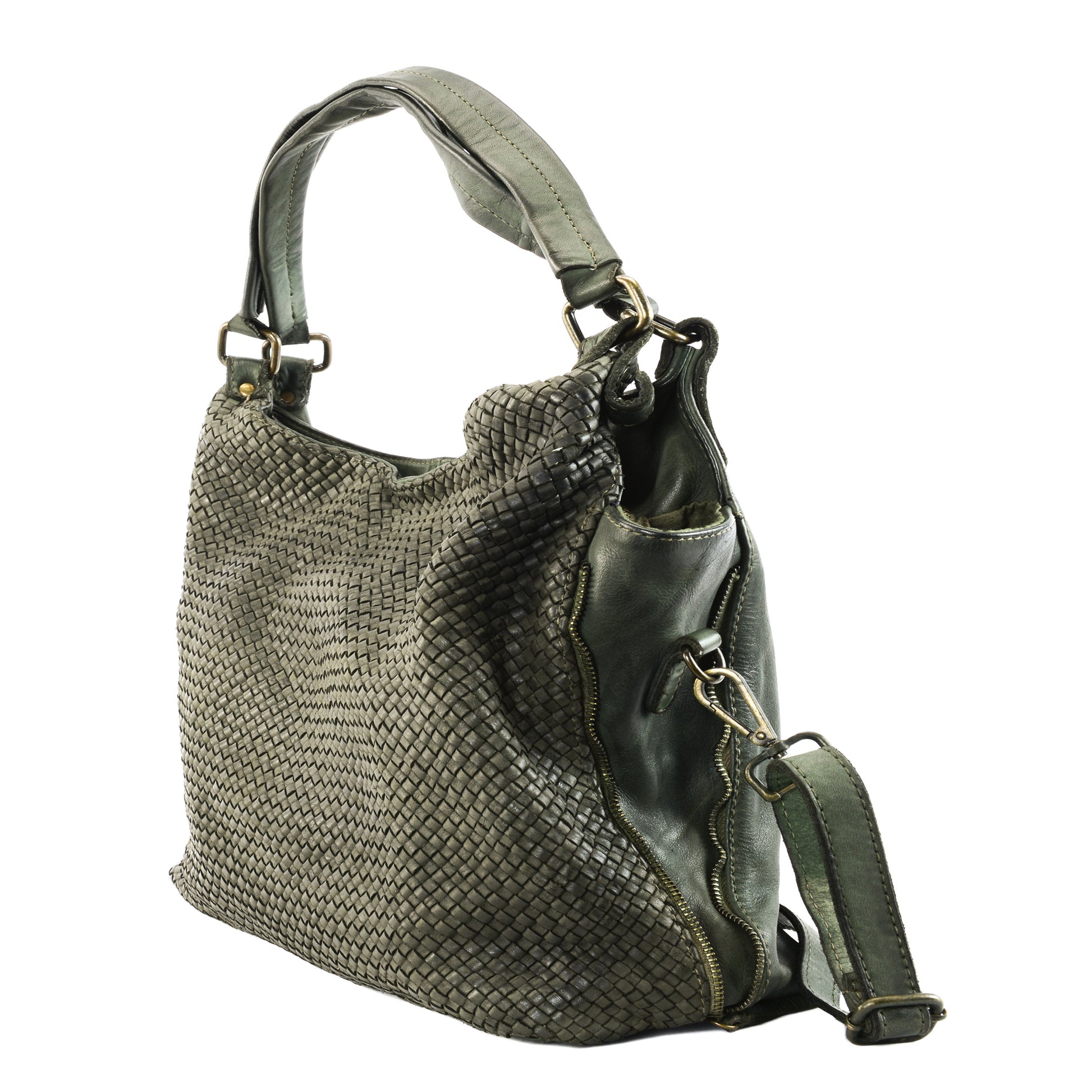 Sac à main en cuir vintage tressé BRISBANE Kaki