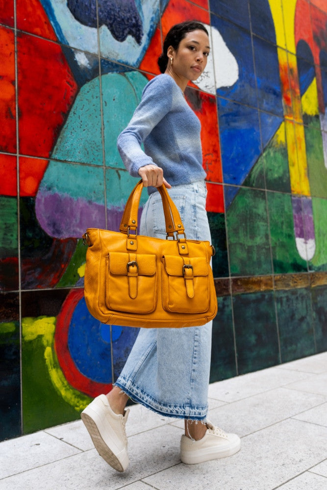 Sac cabas en cuir vintage MISS JENNER Jaune Moutarde