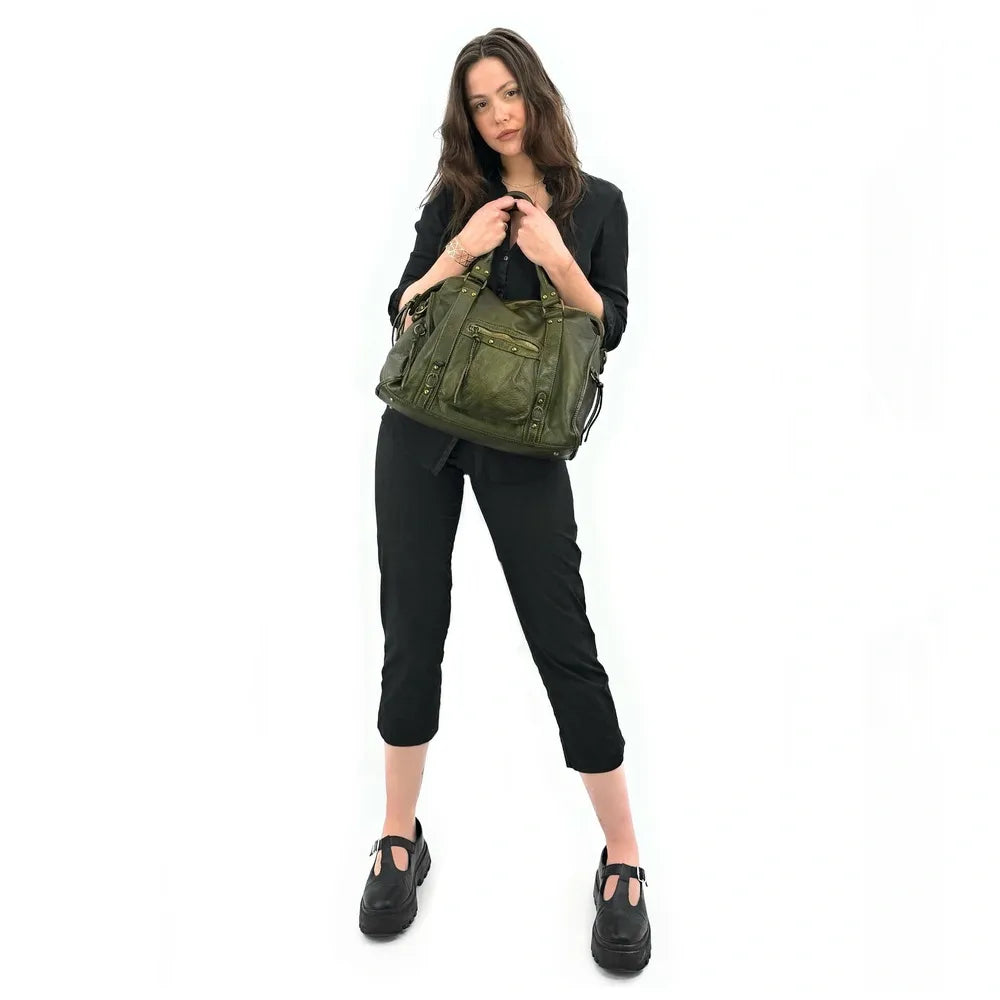 Sac à main en cuir vintage MISS STORM Kaki