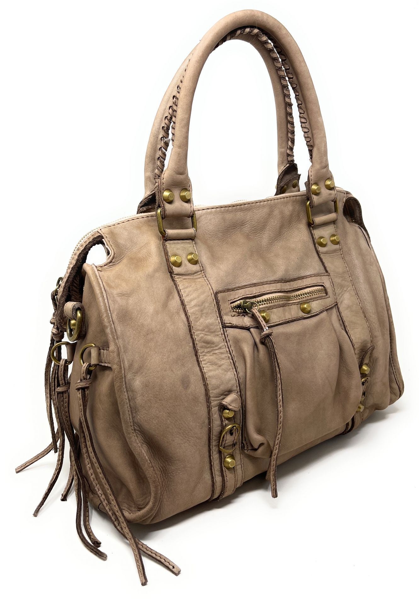 Sac à main en cuir vintage MISS STORM Taupe clair