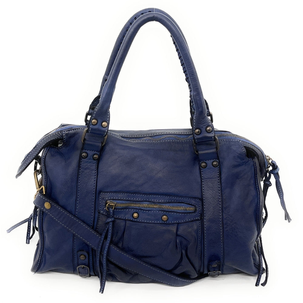 Sac à main en cuir vintage MISS STORM Bleu marine