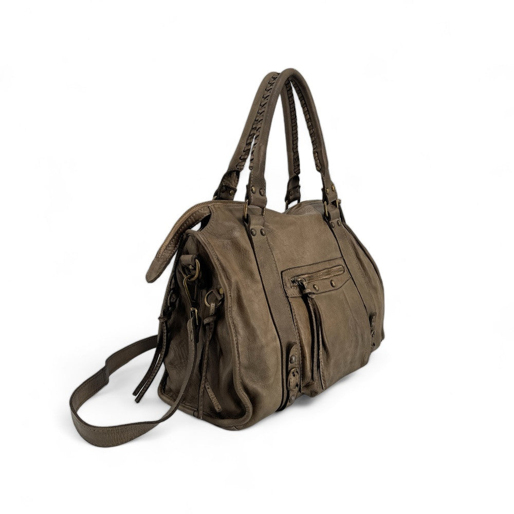 Sac à main en cuir vintage MISS STORM Taupe foncé