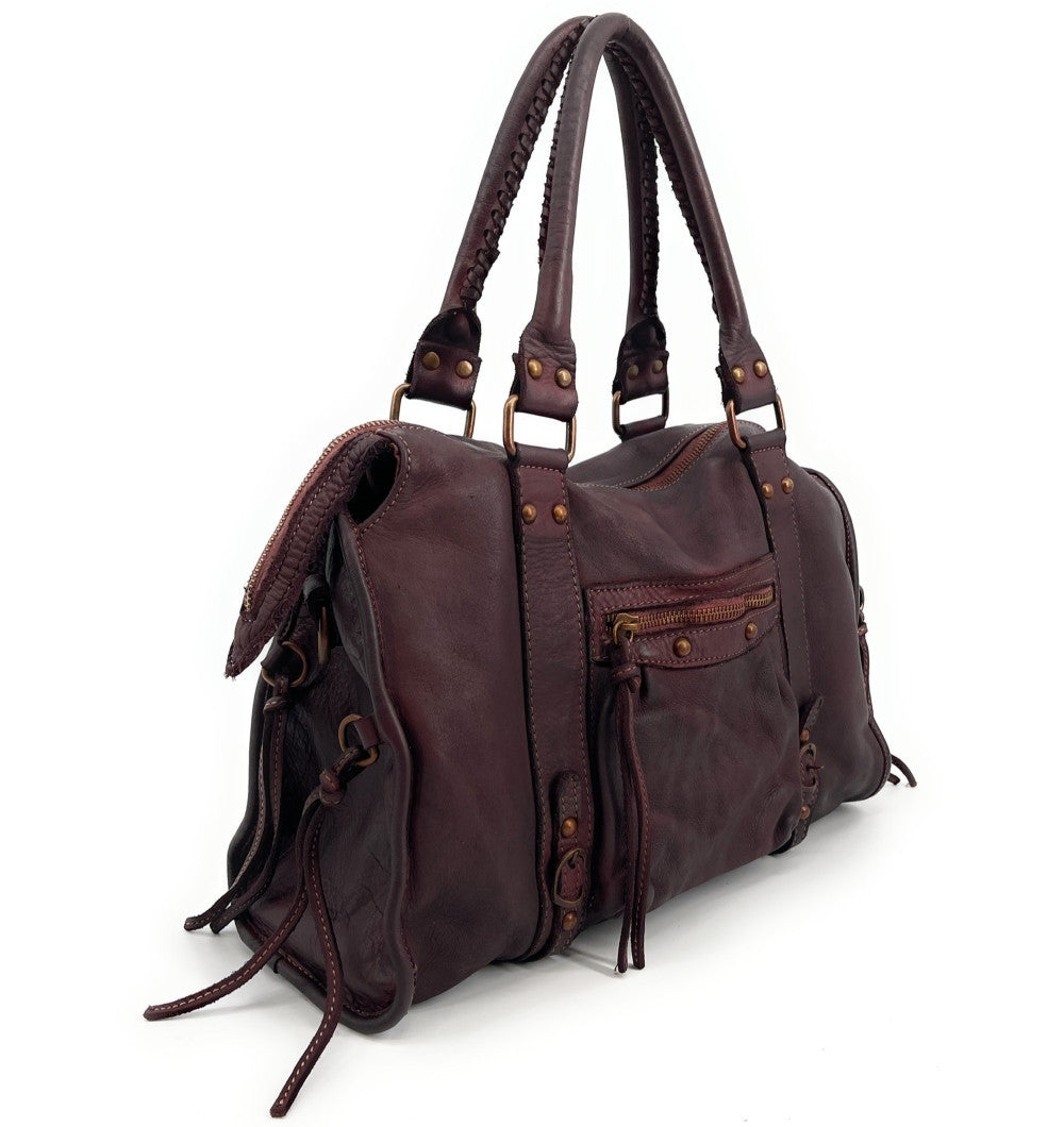 Sac à main en cuir vintage MISS STORM Rouge bordeaux