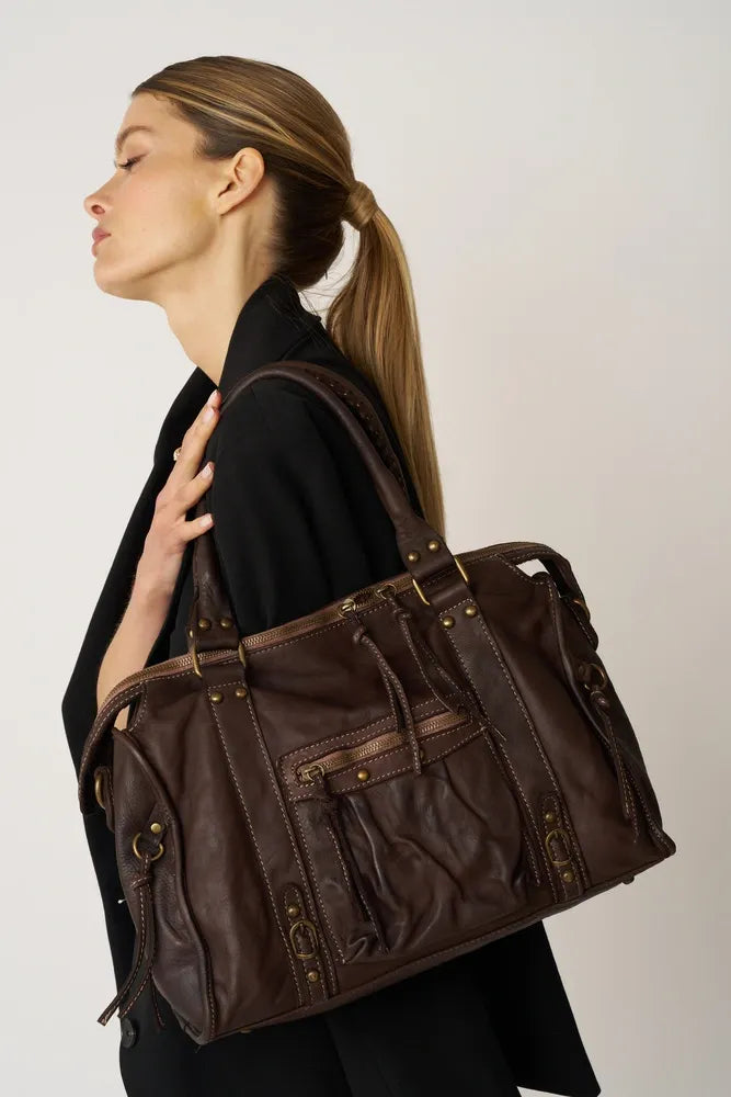 Sac à main en cuir vintage MISS STORM Chocolat