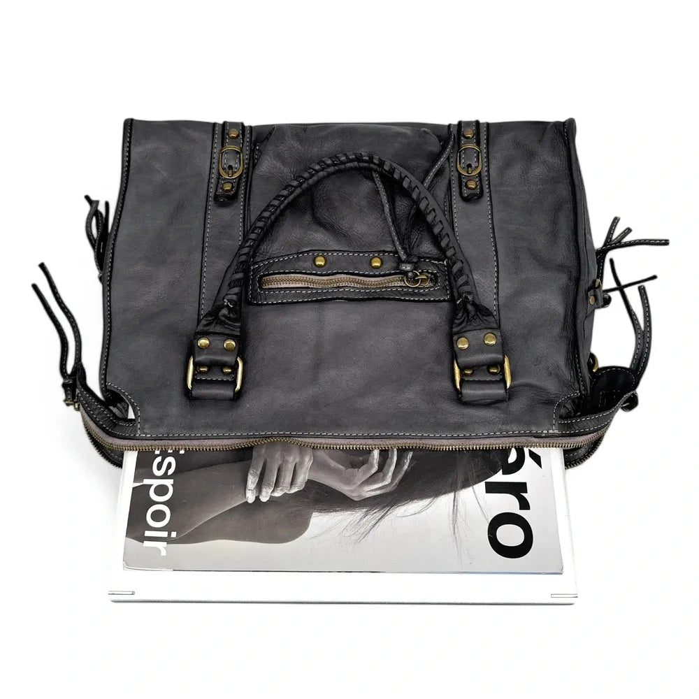 Sac à main en cuir vintage MISS STORM Gris foncé