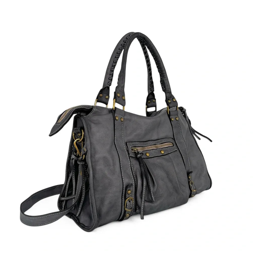 Sac à main en cuir vintage MISS STORM Gris foncé