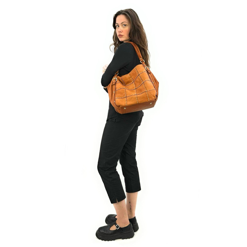 Sac à main en cuir vintage SHELLEY Camel foncé