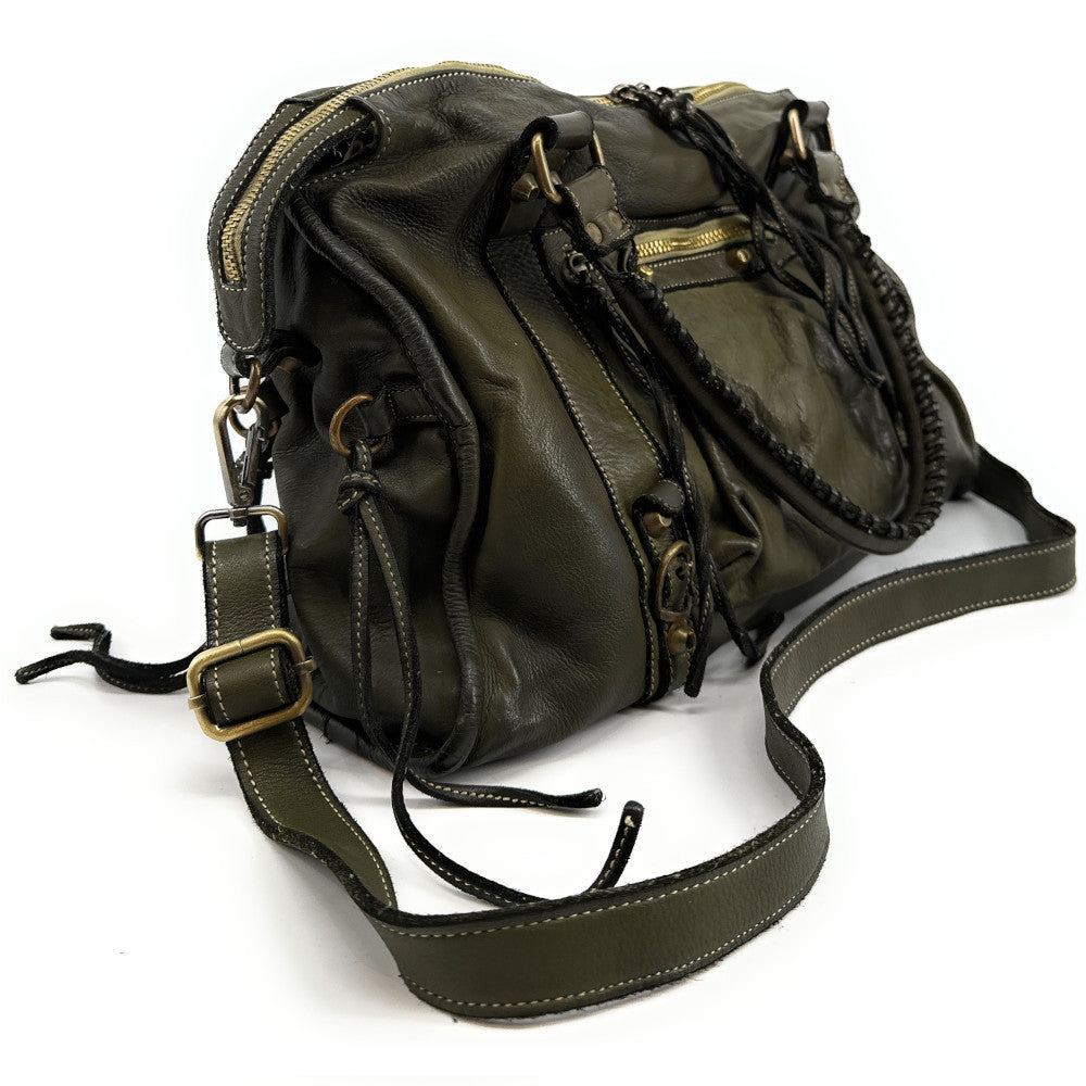 Sac à main porté épaule en cuir vintage STORM ROCK Green army