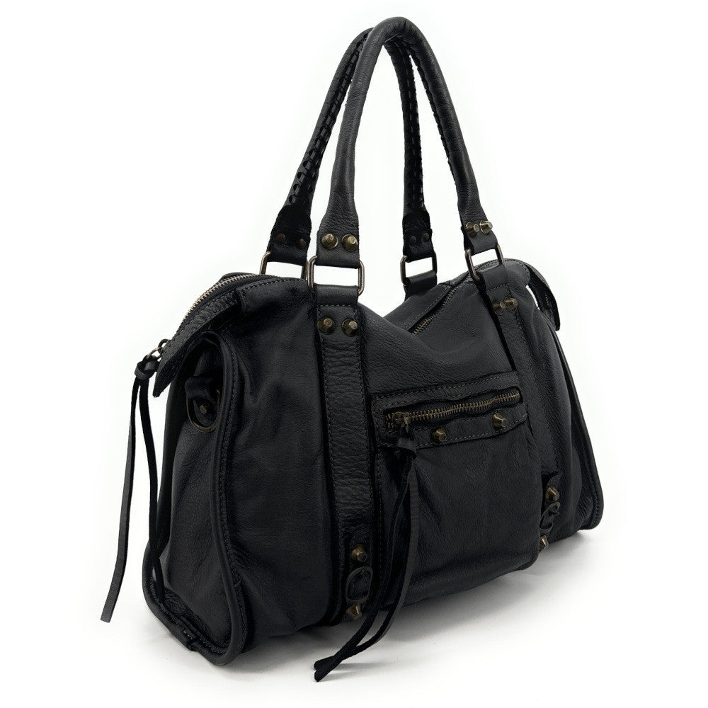 Sac à main porté épaule en cuir vintage STORM ROCK Naked black