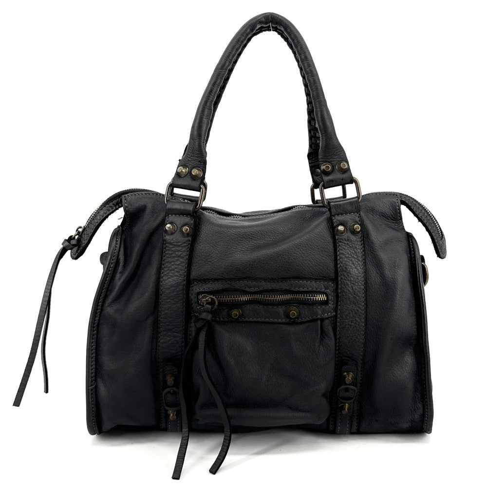 Sac à main porté épaule en cuir vintage STORM ROCK Naked black