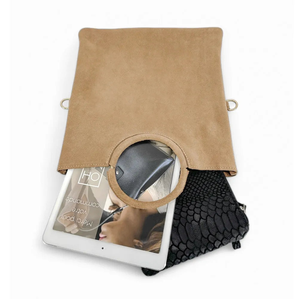 Sac à main en croûte de cuir CHARLOTTE Taupe clair