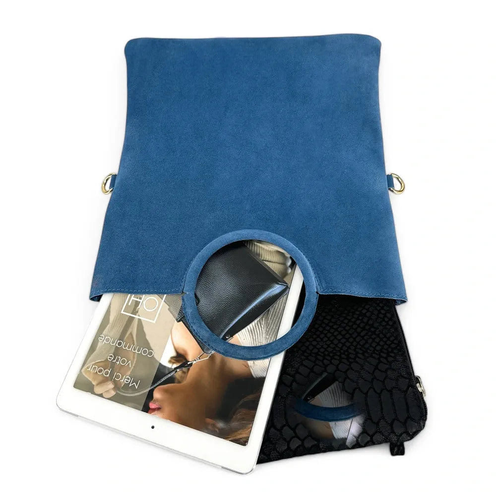 Sac à main en croûte de cuir CHARLOTTE Bleu denim