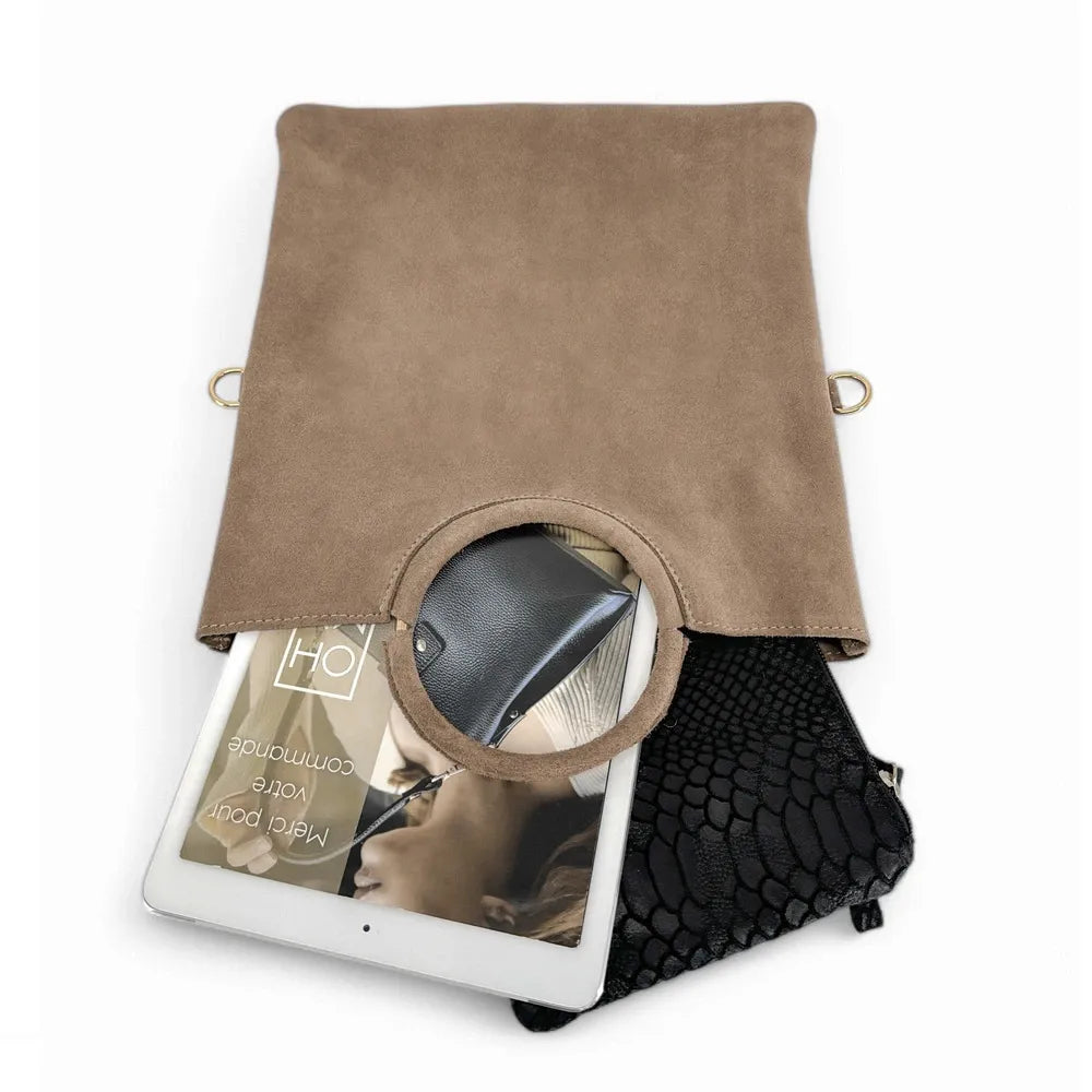 Sac à main en croûte de cuir CHARLOTTE Taupe foncé