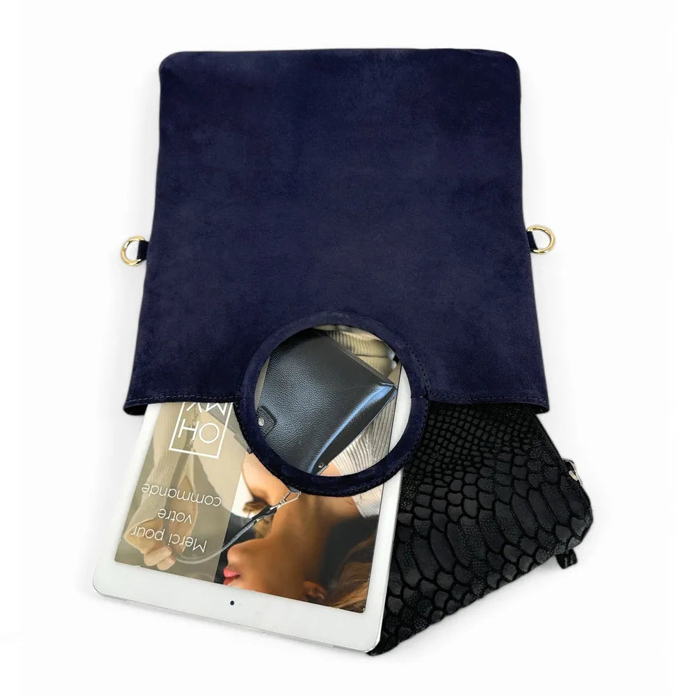Sac à main en croûte de cuir CHARLOTTE Bleu marine