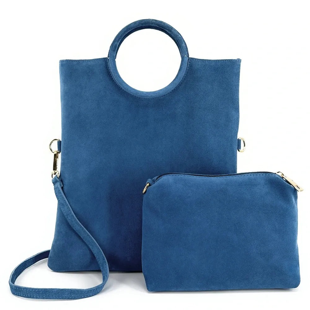 Sac à main en croûte de cuir CHARLOTTE Bleu denim