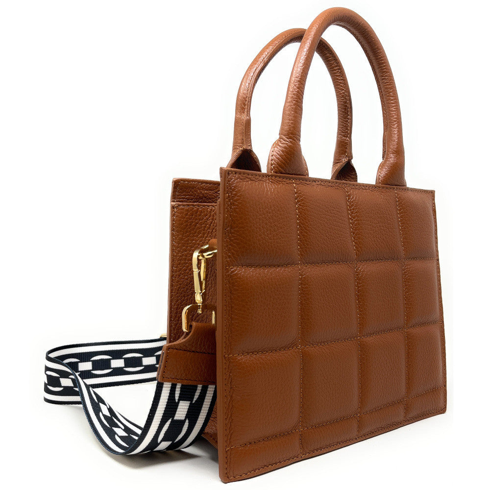 Sac à main tote book en cuir grainé matelassé RIVE GAUCHE Cognac