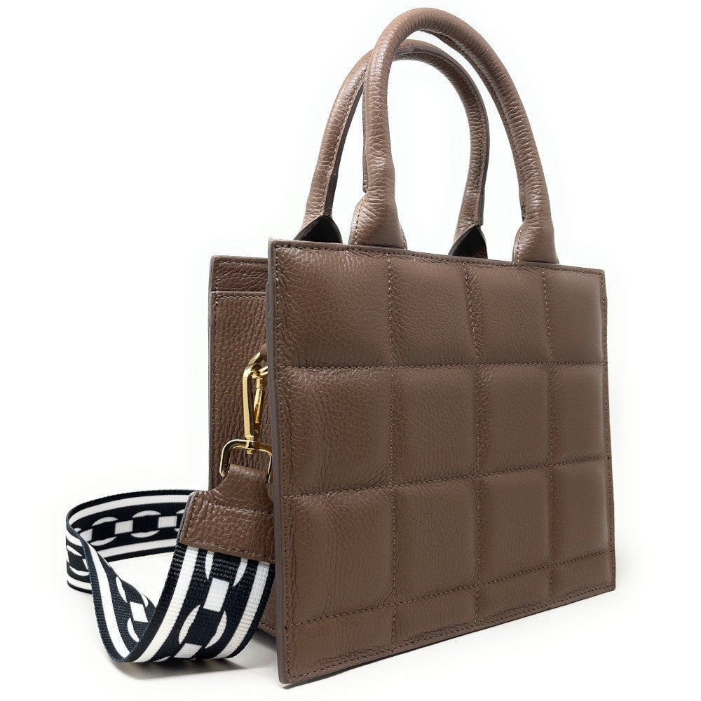 Sac à main tote book en cuir grainé matelassé RIVE GAUCHE Taupe foncé