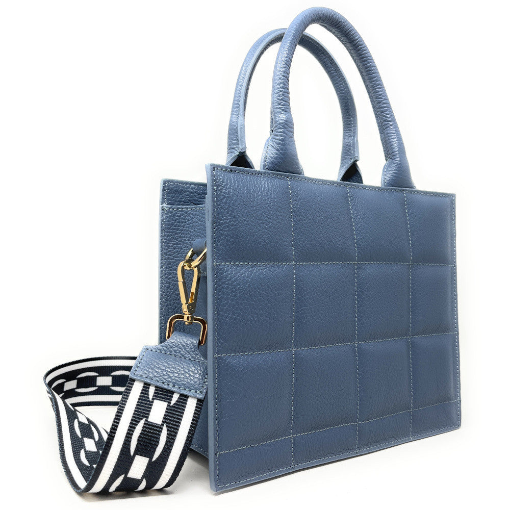 Sac à main tote book en cuir grainé matelassé RIVE GAUCHE Bleu glacier