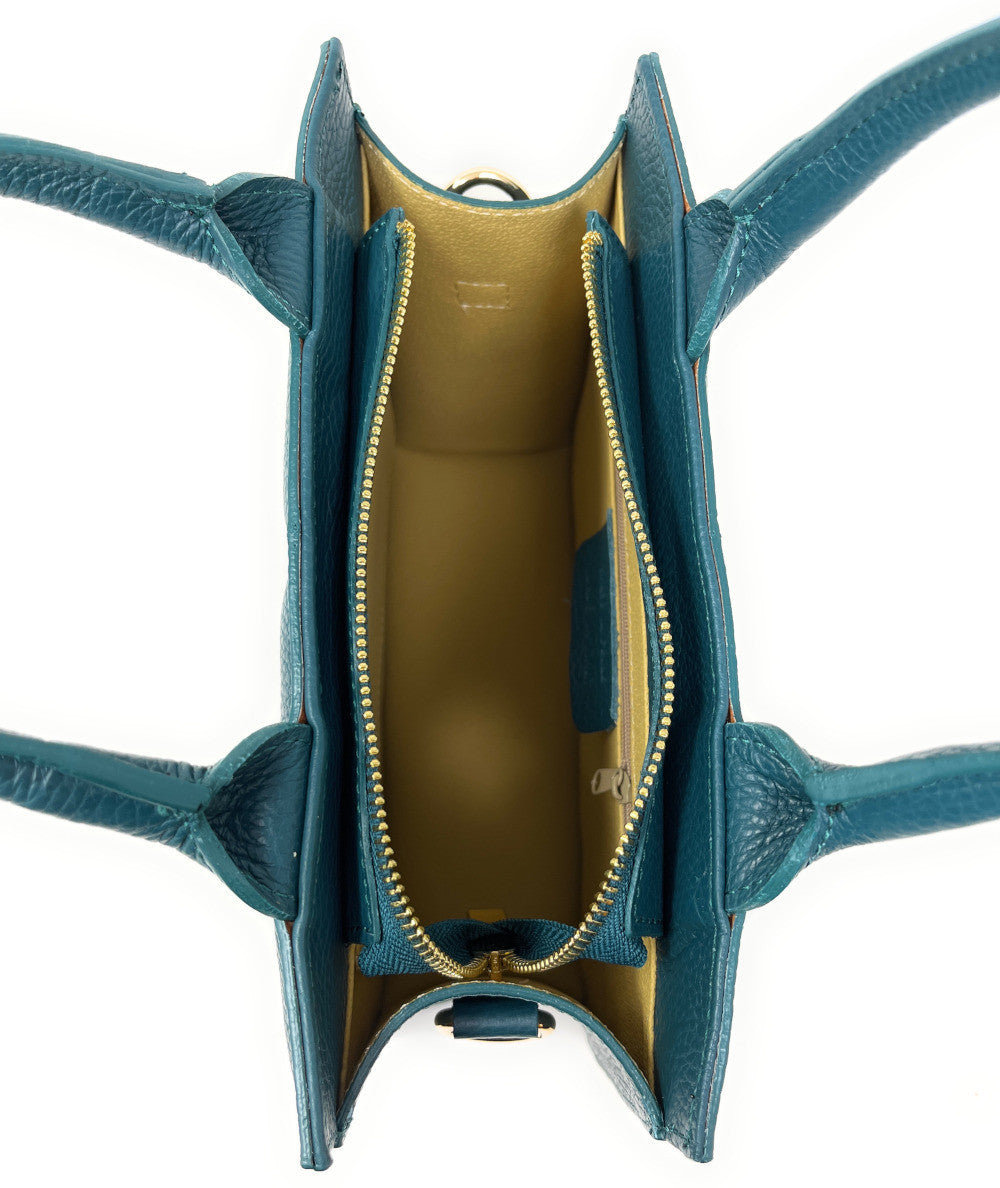 Sac à main tote book en cuir grainé matelassé RIVE GAUCHE Bleu vert canard