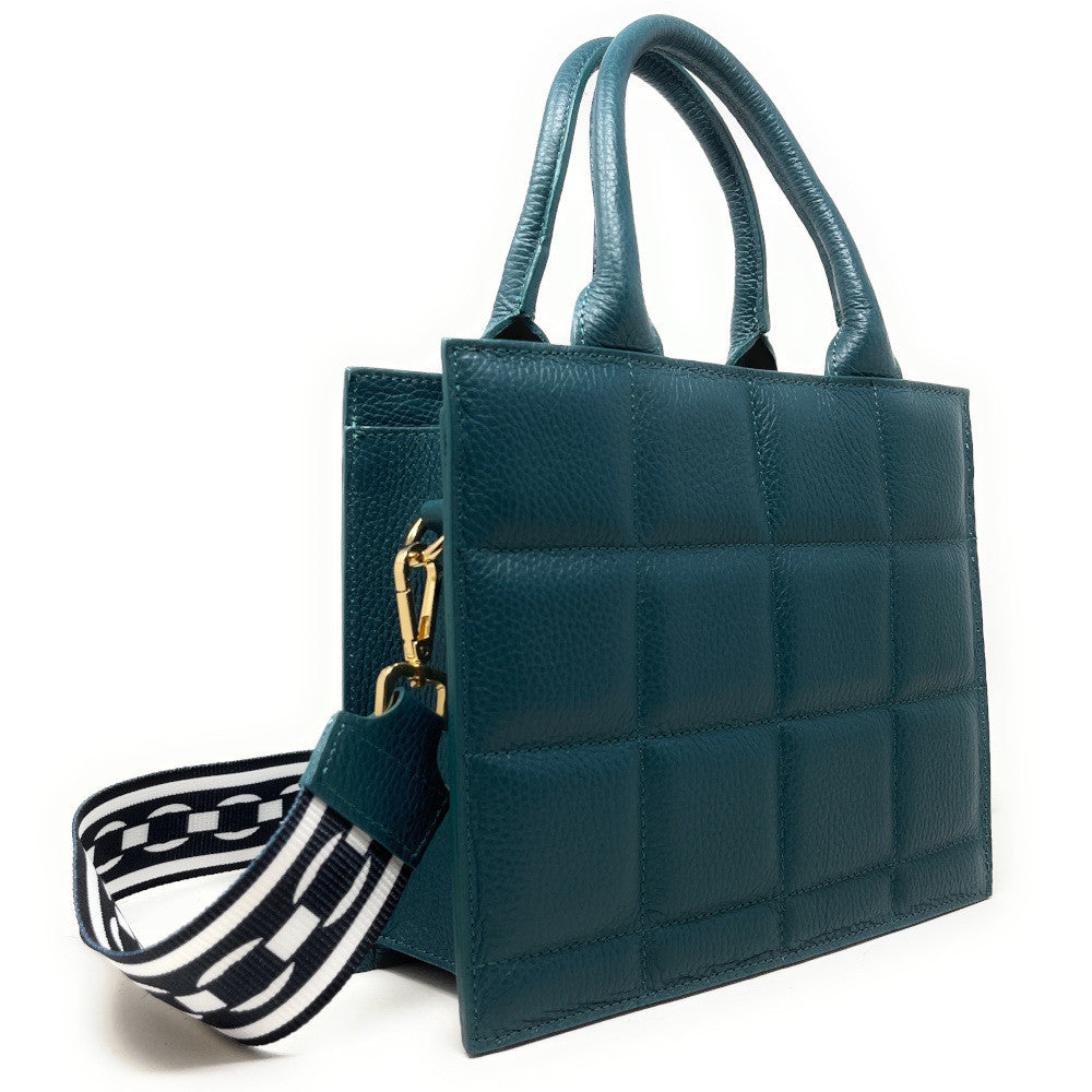 Sac à main tote book en cuir grainé matelassé RIVE GAUCHE Bleu vert canard